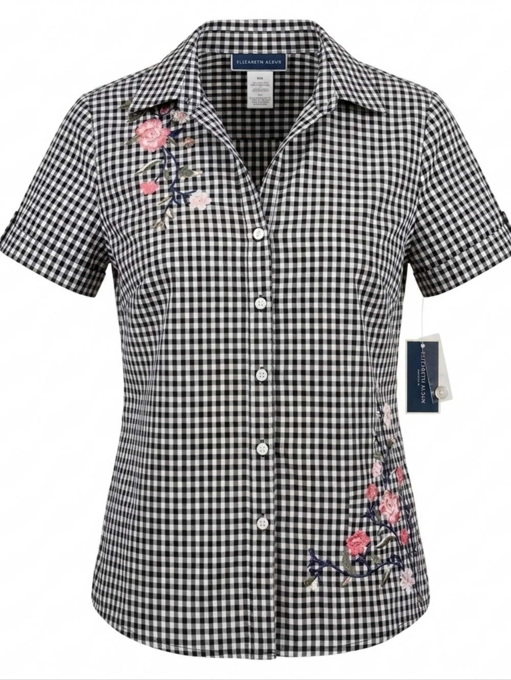 NWT Karen Scott Floral Embroidered Gingham Black White Women's Office Shirt M